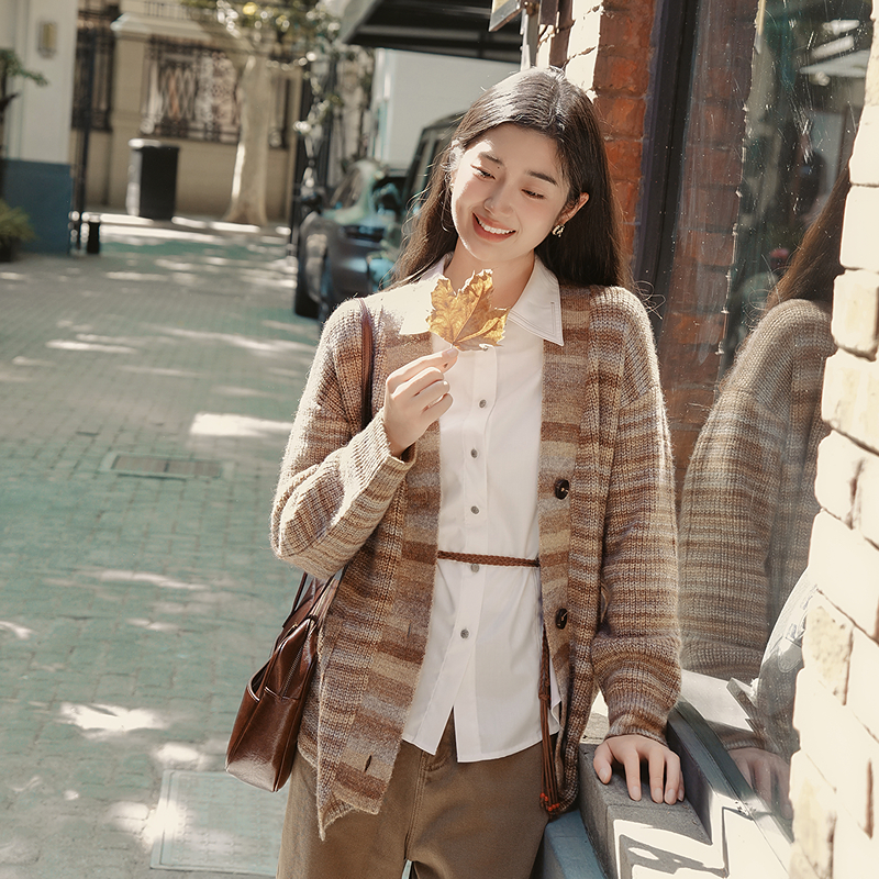 MSLAN美拉德 渐变软糯针织衫复古改良门襟慵懒开衫外套