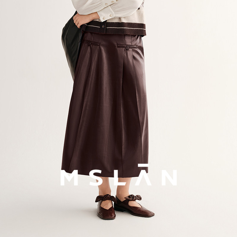 MSLAN安可拉红 冬季复古隐形拉链层次感压褶皮裙半身裙,女装/女士精品,半身裙,淘宝优惠券,粉丝福利购,淘宝优惠卷