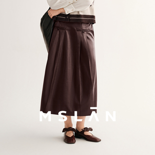 MSLAN安可拉红 复古隐形拉链层次感压褶皮裙半身裙 冬季