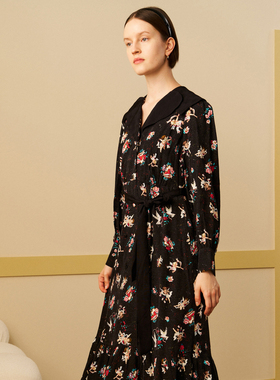 浪漫丘比特|MSLAN春季收腰长袖V领连衣裙碎花长裙MECA4106