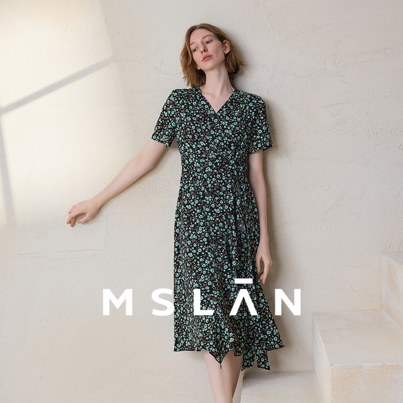 小雏菊/MSLAN春夏复古法式印花斜襟收腰茶歇裙连衣裙