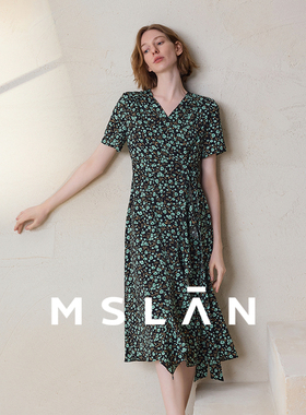 小雏菊/MSLAN春夏复古法式印花斜襟收腰茶歇裙连衣裙