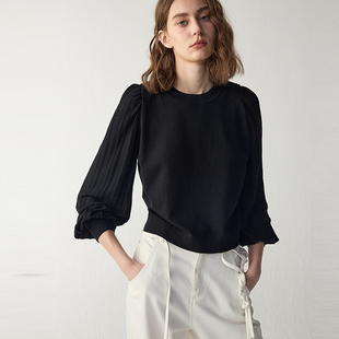 MGCN246 圆领黑色慵懒肌理套衫 MSLAN镂空轻盈 25秋冬拼接针织衫