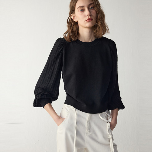 MSLAN镂空轻盈 25秋冬拼接针织衫圆领黑色慵懒肌理套衫MGCN246