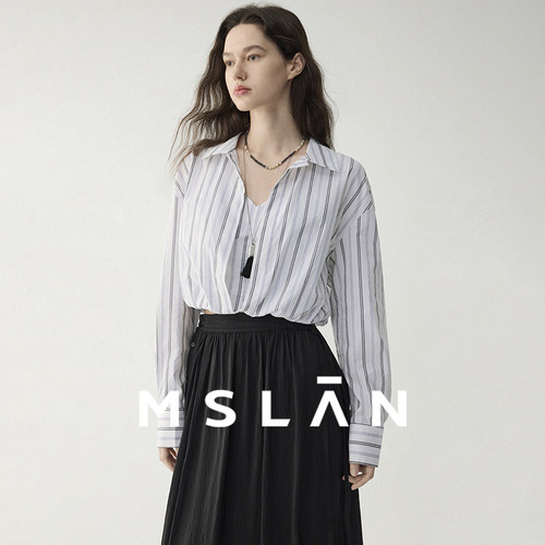 MSLAN|撞色条纹截短款衬衫女