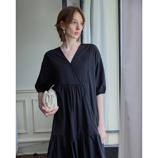 高腰裙连衣裙MDBE4102 MSLAN春夏优雅度假风V领法式 透气莱赛尔