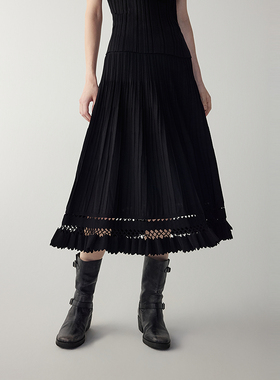 惬意夏风|MSLAN春夏通勤时尚毛织镂空中裙黑色气质半身裙MFCE8214