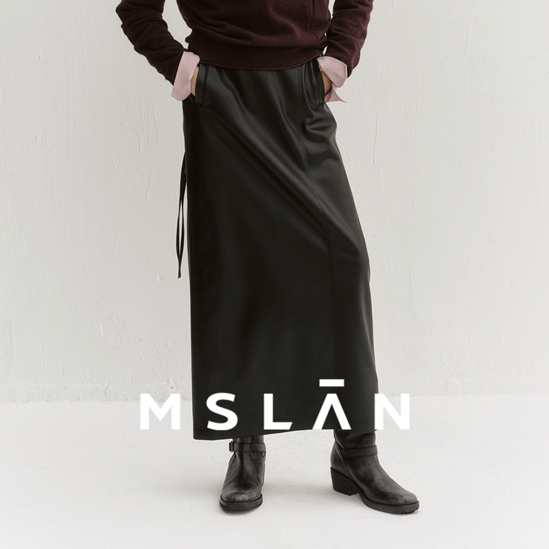 MSLAN黑可可 25冬季黑色PU皮裙插袋后开衩中长裙半身裙