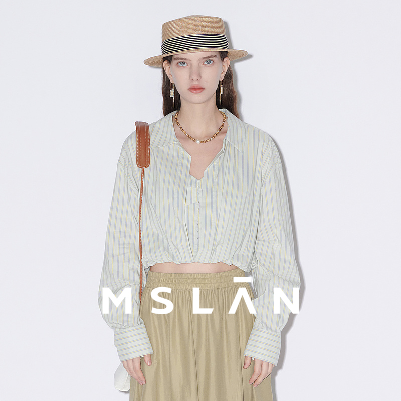 MSLAN时髦短款假两件条纹衬衫