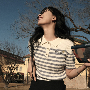 MGBN394 晶晶姐妹专属 MSLAN夏季 联名撞色条纹针织polo套衫