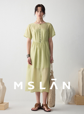【垂顺天丝】MSLAN夏季圆领轻盈收腰凉感开衩连衣裙MFBE4153