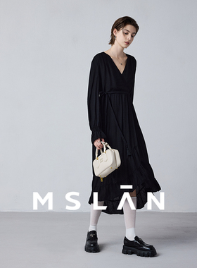 【优雅大女主】MSLAN春季飘逸不规则系带小黑裙茶歇裙MFCE4136