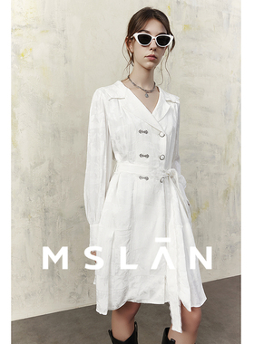 MSLAN新中式优雅浪漫暗纹蕾丝边收腰中裙连衣裙MFAE4108