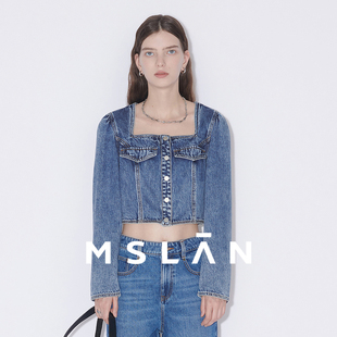 MSLAN法式 复古方领显瘦截短牛仔外套上衣女MECV2701 100%纯棉