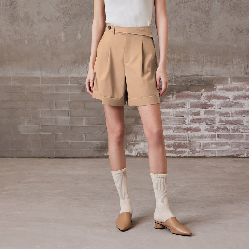 【不易皱羊毛西装裤】MSLAN春季时尚通勤高腰不规则短裤MFAM