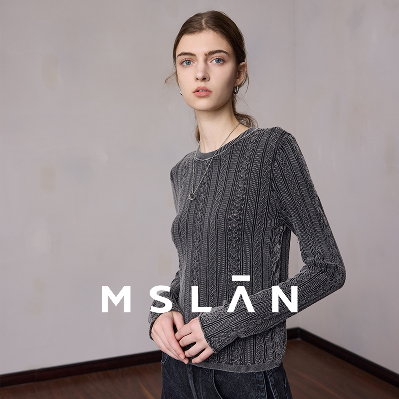 MSLAN25秋 复古做旧脏洗圆领打底衫废土风质感花灰针织套衫女