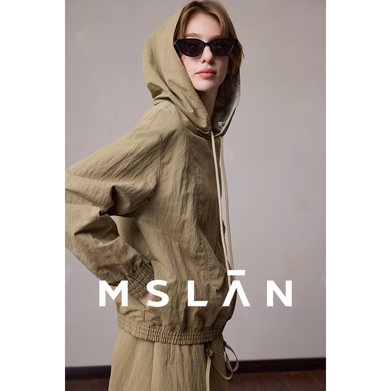 MSLAN工装风|25秋甜酷两穿连帽抽绳撞色套衫宽松分割质感卫衣女