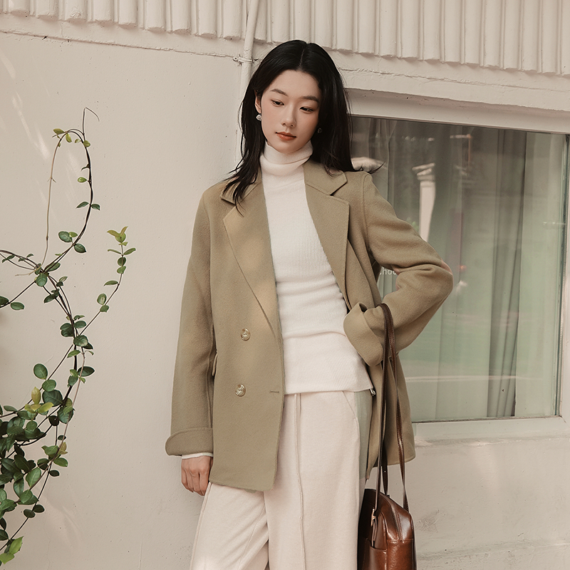 MSLAN疗愈绒感 通勤立裁直身翻驳领双面呢大衣毛呢外套