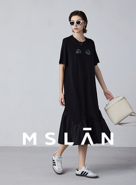 【拼接下摆】MSLAN春季时尚圆领黑色宽松印花连衣裙MFBM4106