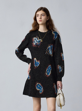 艺术家插画|MSLAN复古文艺茶歇针织收腰提花连衣裙MECE4109