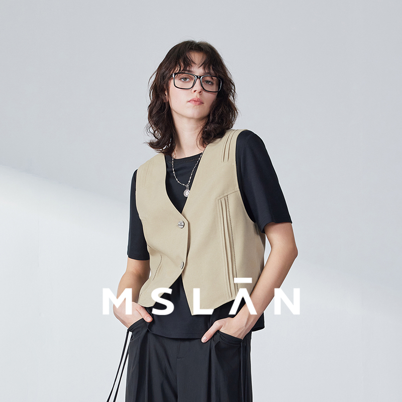 仿麻感马夹|MSLAN商场同款复古塔克坎肩马甲外套女MGAW080