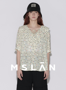 【垂顺不易皱】MSLAN夏季印花甜美优雅短袖荷叶领雪纺衫MEBE1502