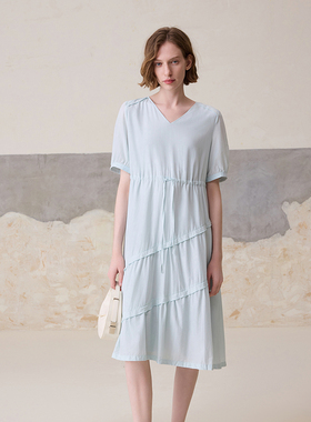 【自在包容】MSLAN简约北欧风显白V领收腰度假连衣裙MFBN4123