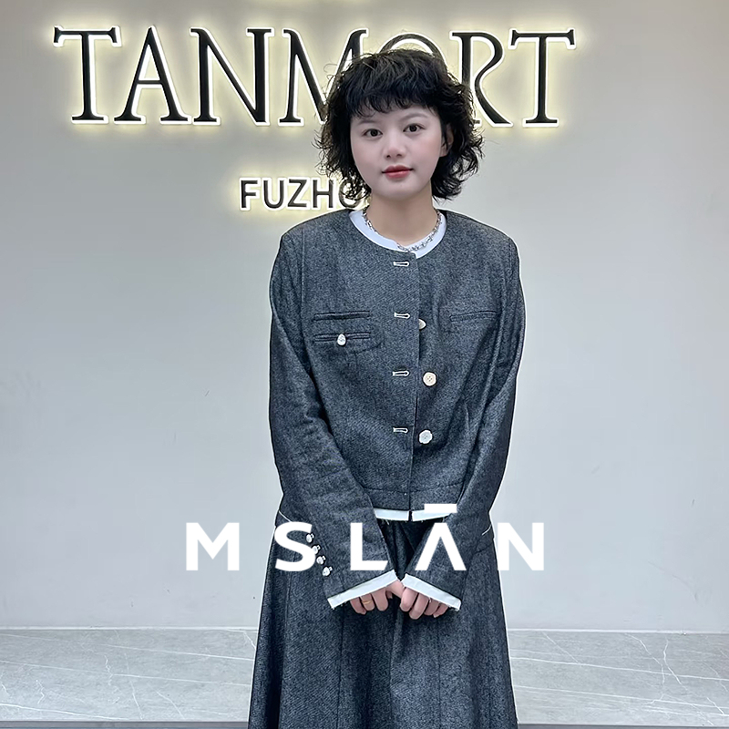 MSLAN亚麻牛仔 假两件撞色拼接小香风圆领外套MHAW0451