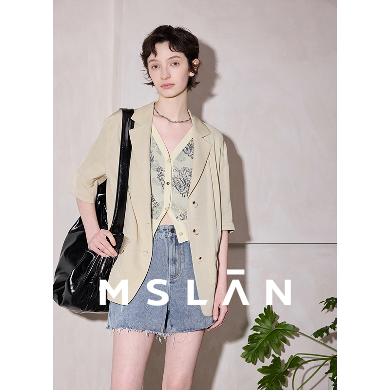 亲肤透气|MSLAN 25早秋简约垂顺麻感宽松短袖卡其西装外套