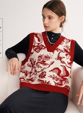 MSLAN东方美学/25秋冬新年氛围感发财树红色撞色针织羊毛马夹背心