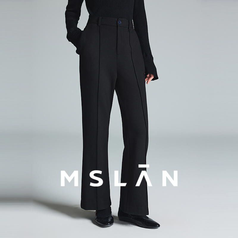 MSLAN复古黑色针织磨毛微喇裤