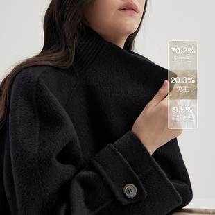 MSLAN冬季 骆驼毛混纺立领双面呢老钱风黑色毛呢大衣女