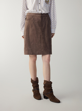 MSLAN都市漫游 解构分割中裙仿麂皮绒复古咖色A字半身裙26春新款