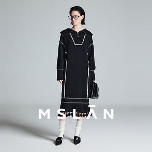MSLAN优雅撞色线迹流苏长裙MFDT049 翻领羊毛连衣裙
