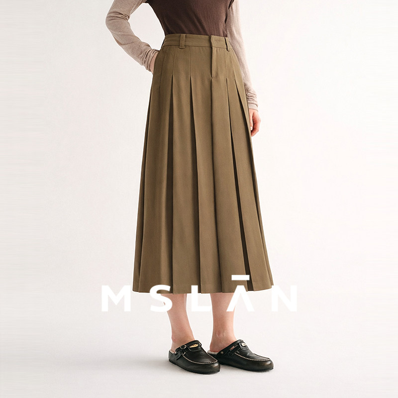 智性通勤/MSLAN 25秋冬复古压褶宽褶工字褶质感棕色半身裙MGCQ381,女装/女士精品,半身裙,淘宝优惠券,粉丝福利购,淘宝优惠卷