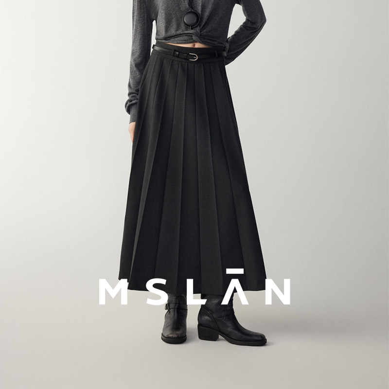 MSLAN中古百褶 26春格雷系压褶A字裙宽腰头垂坠梨形显瘦半身