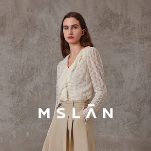 「清仓2折」MSLAN春季 MFCM1404 气质蕾丝荷叶边微透肌理杏色衬衫