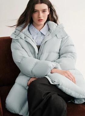 MSLAN冰雪泡芙 轻盈连帽长款保暖外套蓝色几何绗缝羽绒服