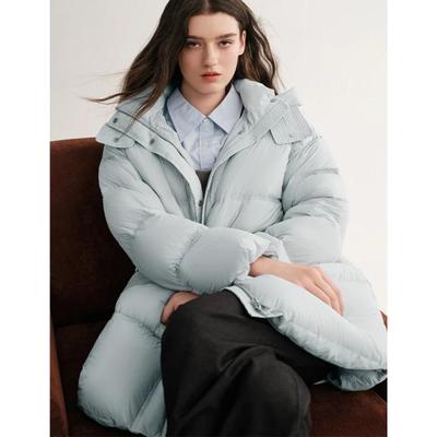 MSLAN冰雪泡芙 轻盈连帽长款保暖外套蓝色几何绗缝羽绒服