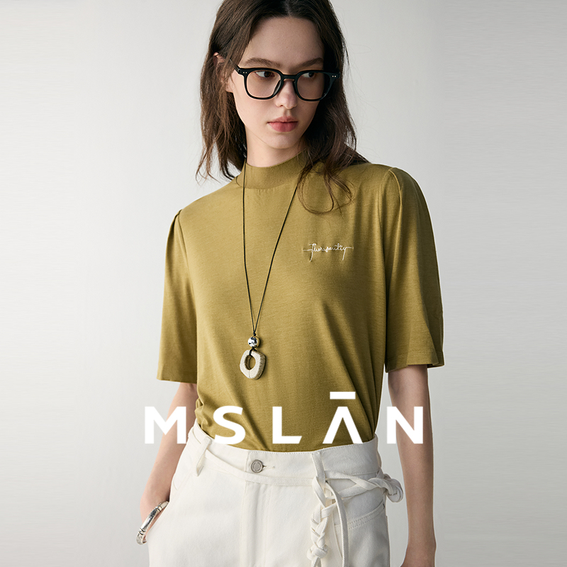 MSLAN休闲通勤纯色立领短袖T恤