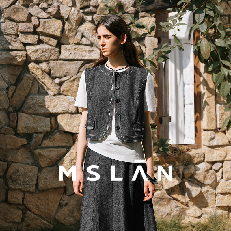含亚麻/MSLAN日系复古牛仔马夹休闲工装叠穿明线马甲背心女26