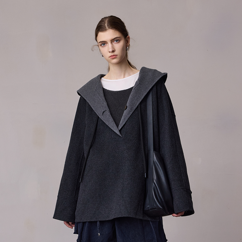 绵羊毛/MSLAN气质连帽双面呢外套