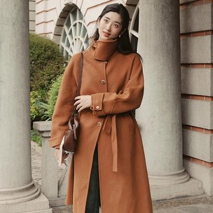 枫叶糖 MSLAN25冬立领绑带收腰小个子毛呢外套羊毛混纺双面呢大衣