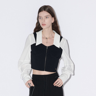 通勤 衬衫 MSLAN春季 翻领修身 女MFBM1501 复古假两件拉链短款 非正式