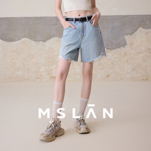 松弛裤/MSLAN宽松100棉毛边短裤