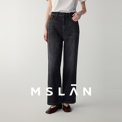 解构丹宁/MSLAN秋冬 松弛感阔腿直筒裤复古做旧黑色牛仔裤MGAK173