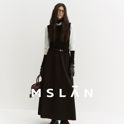 MSLAN小黑裙 经典圆领设计通勤针梭拼拼接腰带连衣裙MGDT266