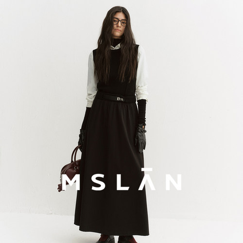 MSLAN通勤小黑裙拼接收腰连衣裙