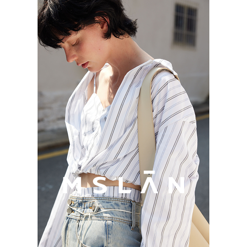 MSLAN|撞色条纹截短款衬衫女
