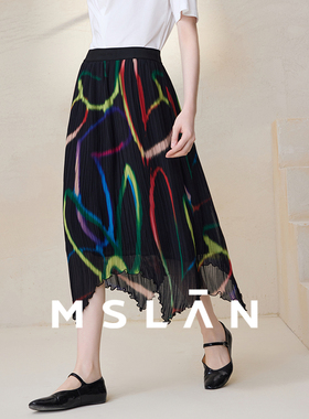 【垂坠飘逸】MSLAN夏季印花木耳边不规则设计感半身裙MEBA8216
